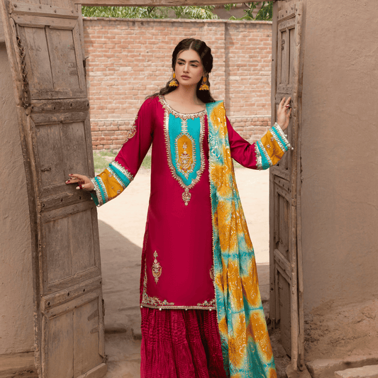 AS2626A Fuchsia Embroidered Raw Silk Crushed Sharara Suit 3 Pcs